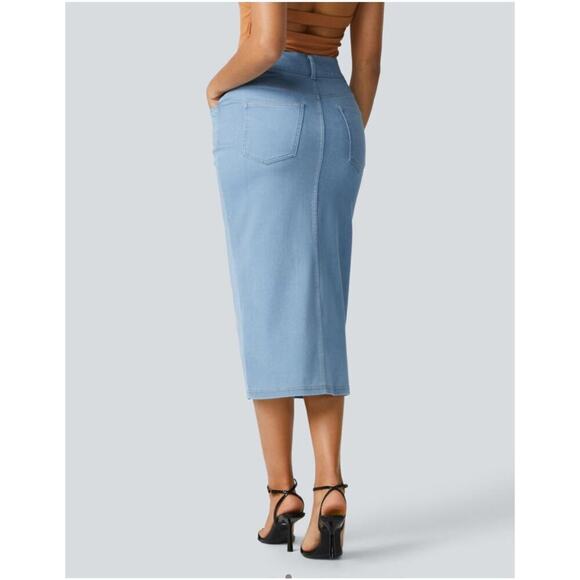 Halara Flex High Waisted Bodycon Denim Casual Midi Skirt Cyan Blue Small Stretch - Picture 2 of 12